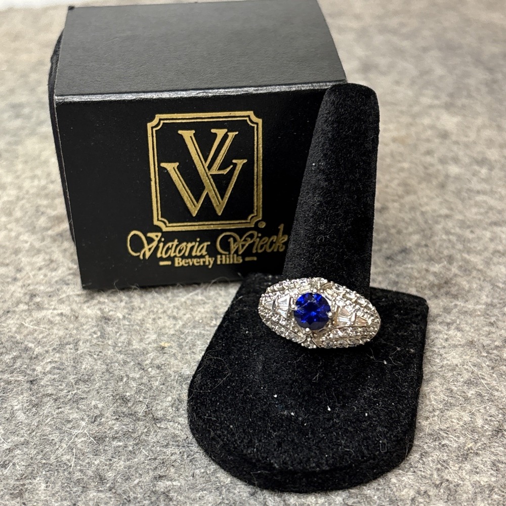 Victoria Wieck Sterling Silver 925 Blue Sapphire CZ Art Deco-Style Ring Sz 7